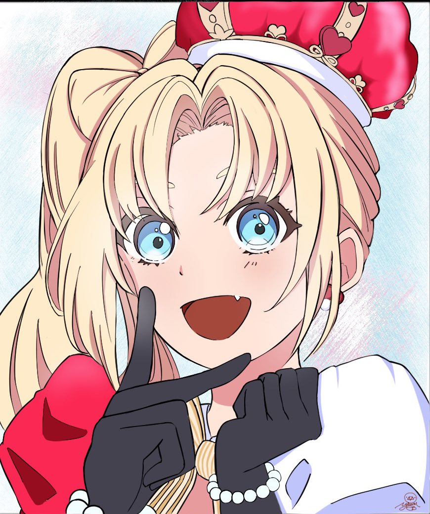 osawa rurino, link! like! love live!, love live!, commentary, hashtag-only commentary, 1girl, :d, arched crown, black gloves, blonde hair, blue eyes, bow-shaped hair, crown, curtained hair, fang, gloves, long hair, looking at viewer, nyamucha, official alternate costume, open mouth, parted bangs, puffy short sleeves, puffy sleeves, red crown, short sleeves, side ponytail, smile, solo, v, v over mouth, virtual youtuber, zenhoi kyun
