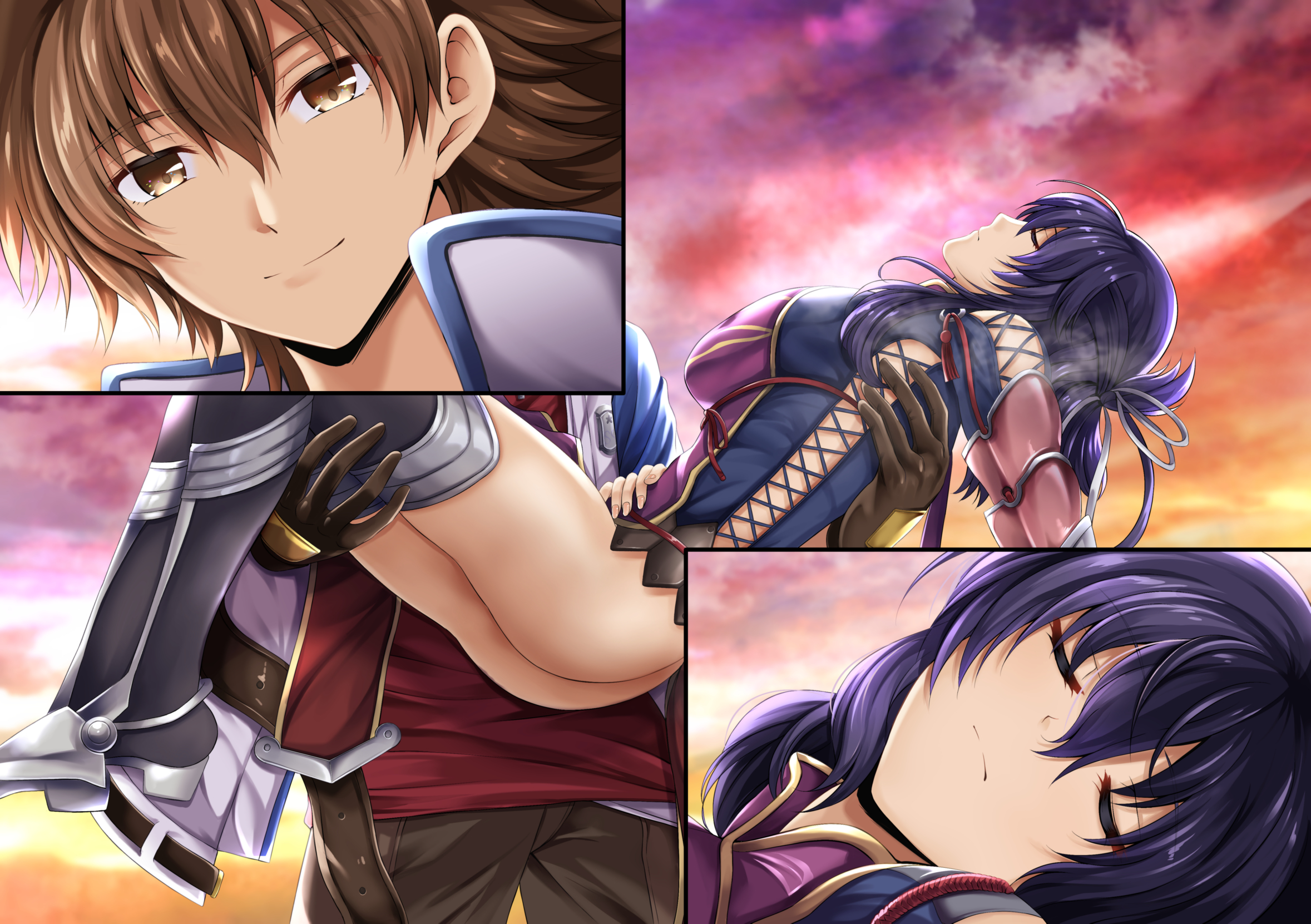 kagura yuuto, lloyd bannings, rixia mao, eiyuu densetsu, zero no kiseki, highres, 1boy, 1girl, breasts, brown eyes, brown hair, carrying, chinese clothes, closed eyes, gauntlets, gloves, hair ribbon, hair rings, jacket, large breasts, princess carry, purple eyes, purple hair, ribbon, short hair, smile, thighhighs