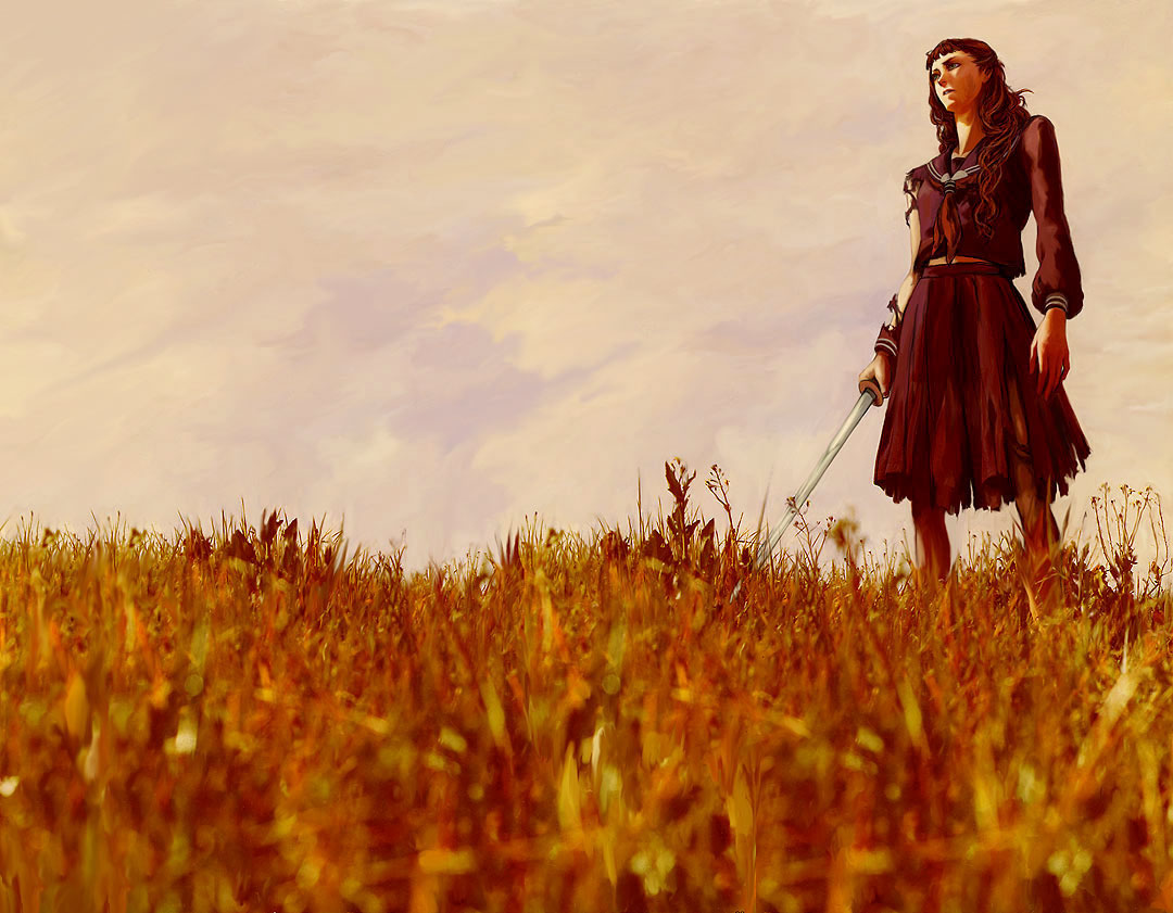 togano kazzy, nakajima youko, juuni kokuki, 1girl, female focus, grass, long hair, school uniform, serafuku, sky, solo, weapon