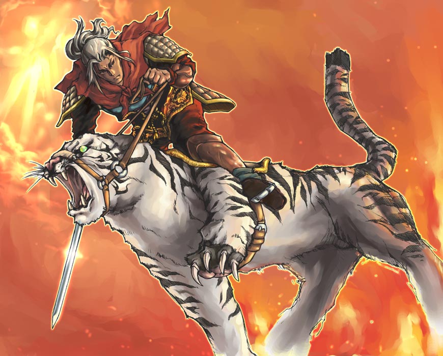 mori yoichi, king tai (juuni kokuki), juuni kokuki, 1boy, armor, jian (weapon), male focus, solo, sword, tiger, weapon
