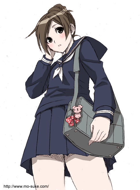 mattaku mousuke, original, 1girl, bag, black serafuku, cowboy shot, female focus, handbag, holding, long sleeves, looking at viewer, over shoulder, school uniform, serafuku, simple background, solo, standing, thighs, white background