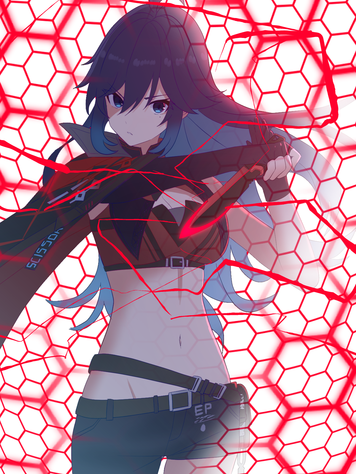 shibito (shibito0000), lawine (strinova), strinova, commentary, highres, 1girl, asymmetrical clothes, belt, belt pouch, black gloves, black pants, blue hair, breasts, brown belt, cloak, cowboy shot, crop top, fingerless gloves, gloves, groin, hair between eyes, holding, holding knife, holding weapon, knife, long hair, looking at viewer, medium breasts, midriff, navel, pants, parted lips, pouch, red cloak, red shirt, shirt, sidelocks, single bare shoulder, single fingerless glove, single pantsleg, sleeveless, sleeveless shirt, solo, standing, weapon, white background
