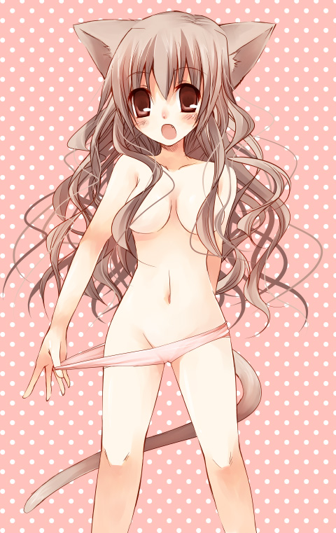 suzushiro kurumi, animal ears, brown eyes, cat ears, cat tail, hair between eyes, long hair, panties, panty pull, pink background, solo, tail, topless female, underwear, very long hair, wavy hair