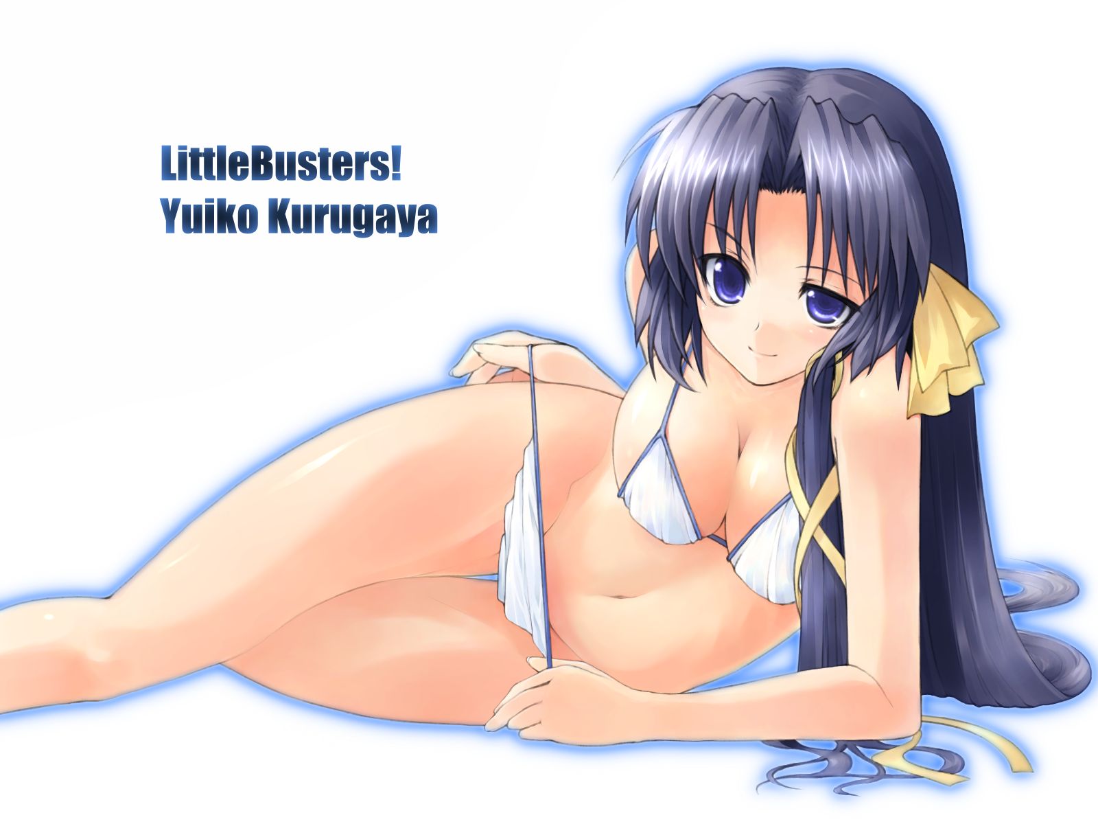 hara takehito, kurugaya yuiko, little busters!, highres, making-of available, 1girl, bikini, bikini pull, black hair, blue eyes, breasts, character name, cleavage, clothes pull, copyright name, female focus, hair ribbon, long hair, medium breasts, ribbon, smile, solo, swimsuit, undressing, uneven eyes, white bikini