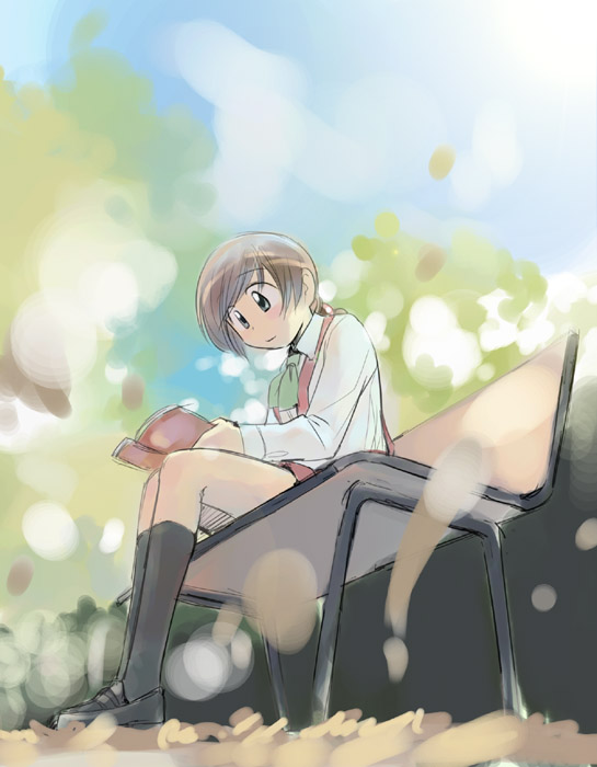 ikeda jun (mizutamari), original, 1girl, bench, blurry, bokeh, book, depth of field, female focus, solo