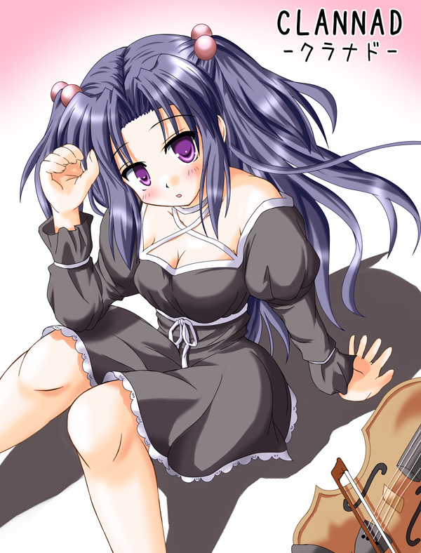 hiiragi tomoka, ichinose kotomi, clannad, 00s, 1girl, arm support, criss-cross halter, dress, female focus, hair bobbles, hair ornament, halterneck, instrument, solo, twintails, two side up, violin