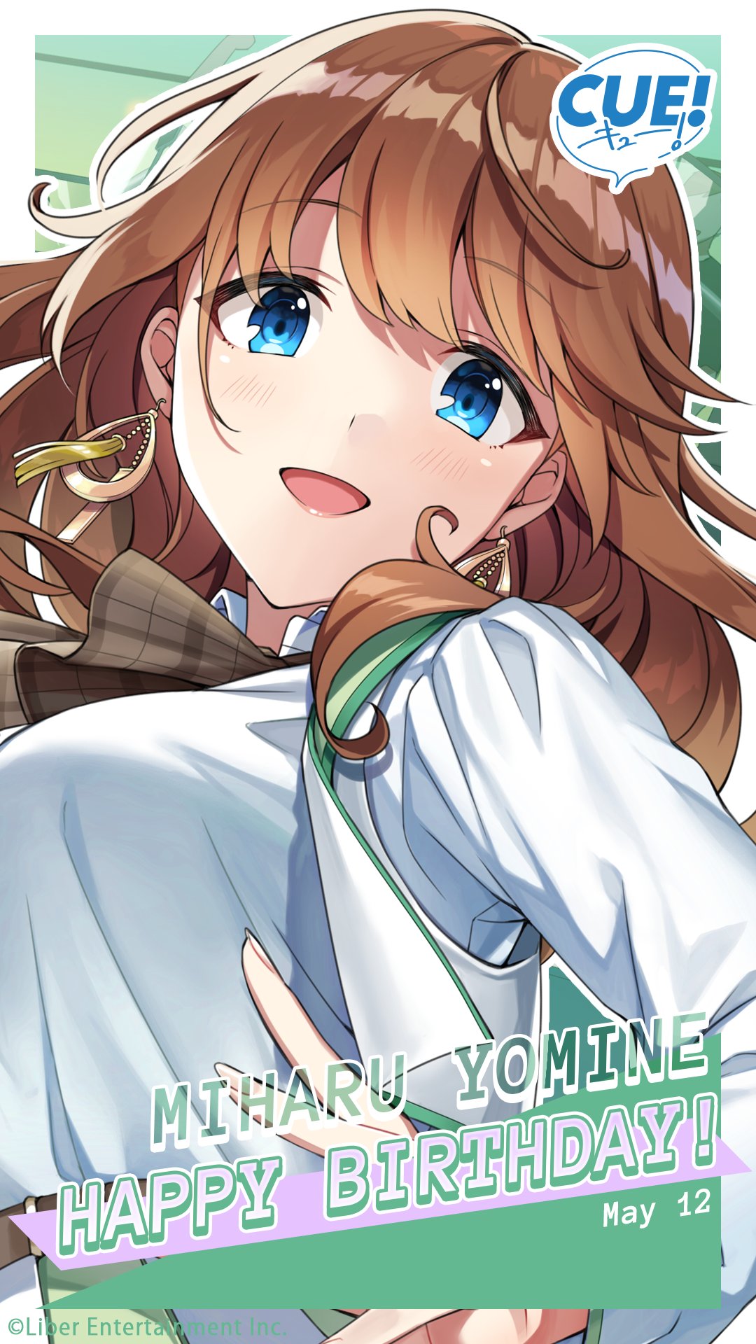 shirako miso, yomine miharu, cue!, highres, official art, 1girl, belt, blue eyes, blush, bow, breasts, brown belt, brown bow, brown hair, character name, collared shirt, dated, earrings, english text, green jacket, jacket, jewelry, large breasts, lips, long hair, looking at viewer, open hand, open mouth, plaid bow, shirt, smile, solo, spread fingers, upper body, white shirt