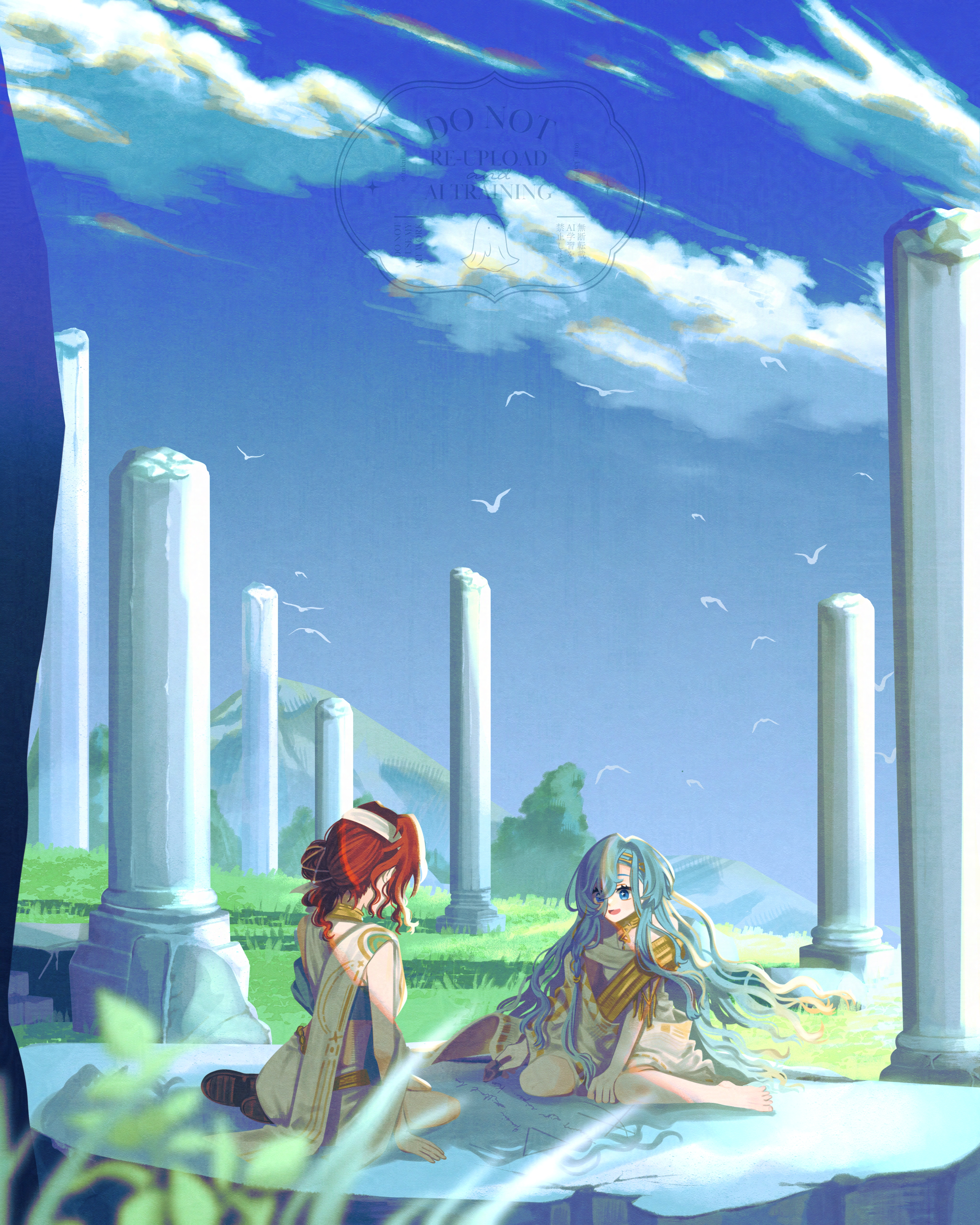 tn kn1000, 37 (reverse:1999), sophia (reverse:1999), reverse:1999, absurdres, highres, 2girls, :d, ancient greek clothes, armlet, barefoot, blue eyes, blue hair, blue sky, broken pillar, cloud, column, day, facing away, gold choker, grass, greco-roman clothes, hair between eyes, hairband, jewelry, long hair, looking down, multiple girls, open mouth, outdoors, pillar, red hair, simple bird, sitting, sky, smile, toga, very long hair, wariza, watermark, white hairband, wide shot