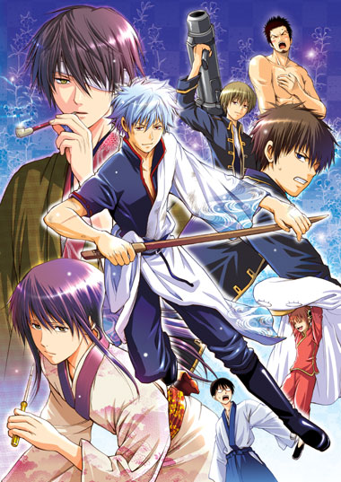 omega 2-d, elizabeth (gintama), hijikata toushirou, kagura (gintama), katsura kotarou, kondou isao, okita sougo, sakata gintoki, shimura shinpachi, takasugi shinsuke, gintama, silver hair, 00s, 1girl, 6+boys, blue eyes, boots, brown hair, cannon, clenched teeth, everyone, expressionless, eyepatch, glasses, holding, holding smoking pipe, holding weapon, huge weapon, japanese clothes, kimono, knee boots, looking at viewer, multiple boys, muscular, pipe in mouth, purple hair, sash, screwdriver, smoking, smoking pipe, sweatdrop, sword, teeth, topless female, weapon, wooden sword, yellow eyes