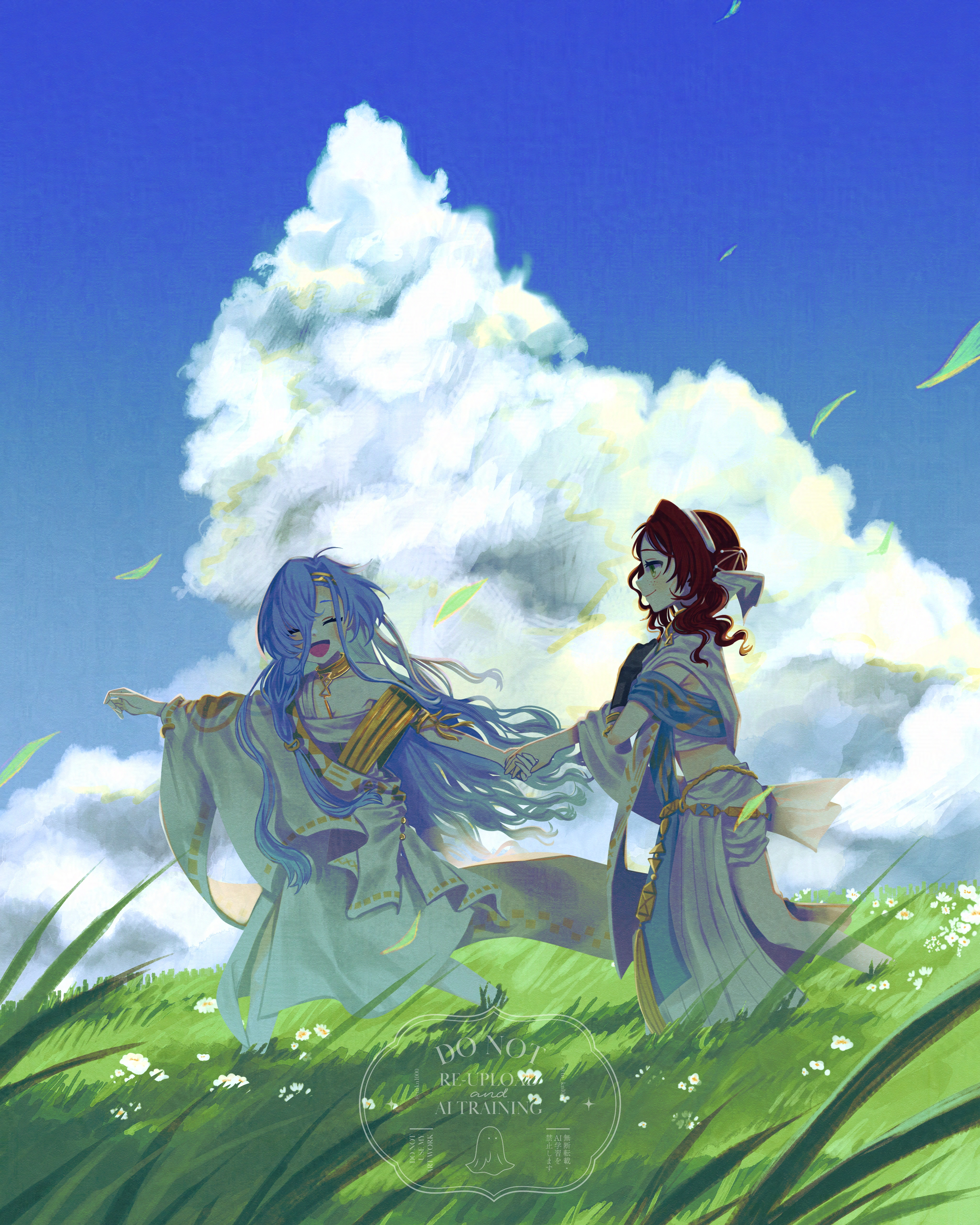 tn kn1000, 37 (reverse:1999), sophia (reverse:1999), reverse:1999, absurdres, highres, 2girls, :d, ^ ^, ancient greek clothes, armlet, blue hair, blue sky, closed eyes, cloud, cumulonimbus cloud, day, falling leaves, full body, gloves, gold choker, grass, greco-roman clothes, green eyes, hair between eyes, hairband, holding hands, jewelry, leaf, long hair, looking at another, multiple girls, open mouth, outdoors, red hair, single glove, sky, smile, toga, very long hair, walking, watermark, white hairband