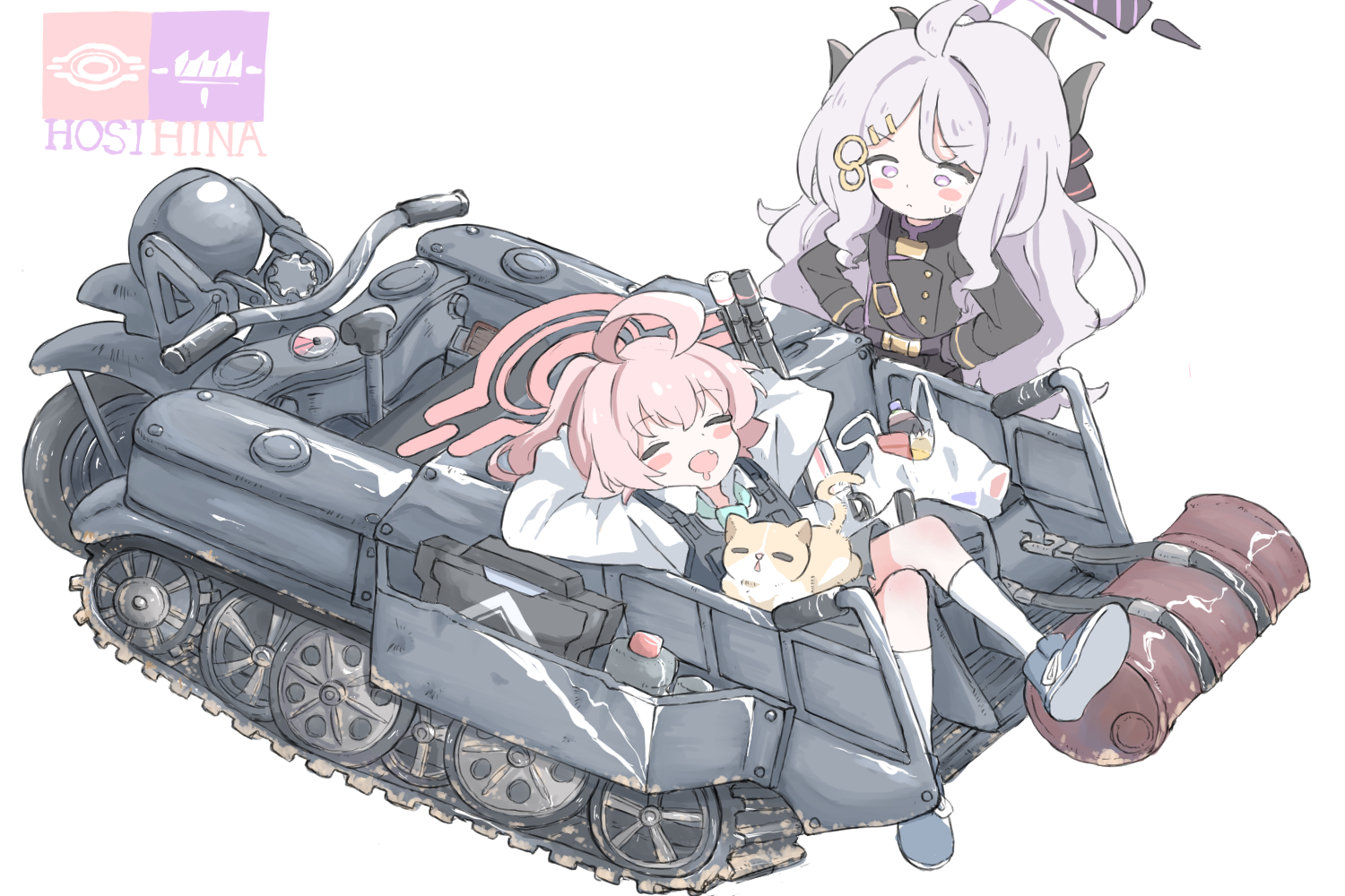 norippe (user zgsf8872), hina (blue archive), hoshino (blue archive), kettenkrad, blue archive, commentary request, 2girls, :d, ahoge, animal, animal on lap, arms behind head, arms up, beretta 1301, black jacket, blue necktie, blush stickers, cat, closed eyes, closed mouth, collared shirt, crossed legs, drooling, fang, grey hair, grey shoes, grey skirt, gun, hair ornament, hairclip, halo, hands on own hips, horns, jacket, knees together feet apart, long hair, lying, mouth drool, multiple girls, necktie, on back, on lap, open mouth, parted bangs, pleated skirt, purple eyes, shirt, shoes, shotgun, simple background, skirt, small sweatdrop, smile, socks, standing, sweat, very long hair, weapon, white background, white shirt, white socks