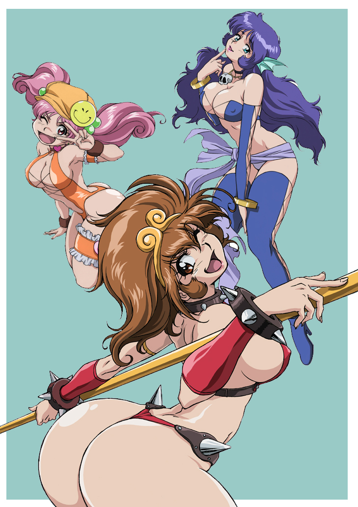 moriyama izumi, uchida yorihisa, arisugawa mayuko, hanao usagi, sun wukong, iyashite agerun saiyuki, blue legwear, team, 00s, 3girls, arched back, ass, blue eyes, blue hair, bracelet, breasts, brown eyes, brown hair, cleavage, covered erect nipples, curvy, female focus, fins, happy, highleg, highleg leotard, holding, holding weapon, huge ass, jewelry, large breasts, leather, leotard, long hair, multiple girls, necklace, one eye closed, panties, pink hair, red eyes, shiny skin, skull, smile, thighhighs, thong, twintails, underwear, v, weapon, wink