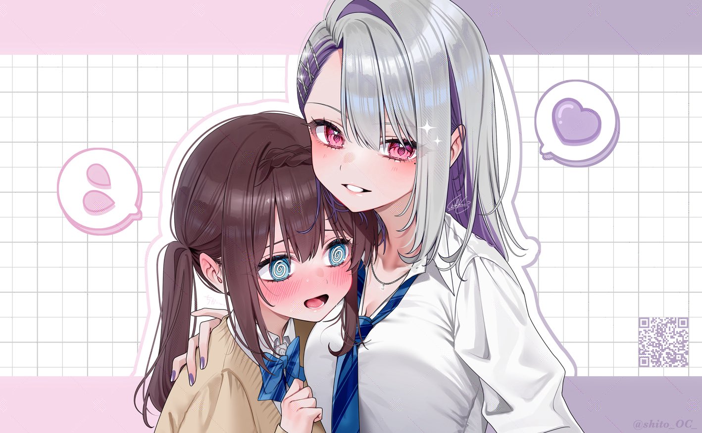 yuuyu (moco20111115), original, commentary request, 2girls, @ @, asymmetrical bangs, blue bow, blue eyes, blue necktie, blush, bow, brown hair, cardigan, diagonal-striped bow, diagonal-striped clothes, diagonal-striped necktie, embarrassed, grey hair, grin, hair ornament, hairclip, hand on another's shoulder, head on chest, heart, height difference, jewelry, long hair, looking at viewer, multiple girls, nail polish, necklace, necktie, nose blush, open mouth, parallel hairclips, pink eyes, qr code, shirt, smile, spoken heart, striped bow, striped clothes, twintails, upper body, white shirt, yuri