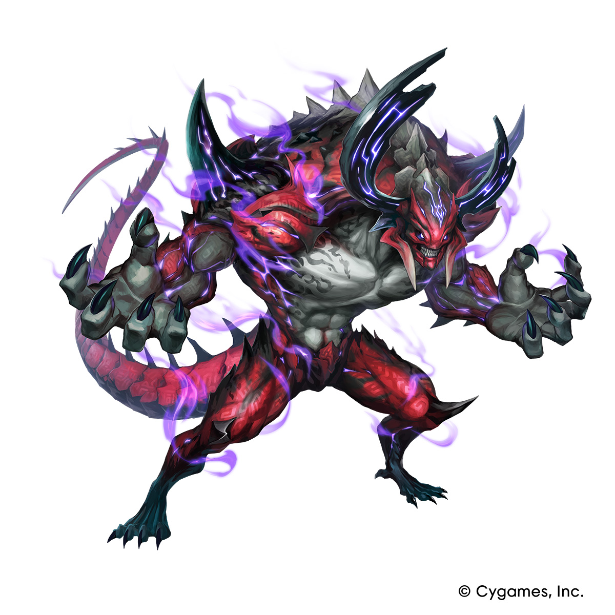 kometani hisanobu, shadowverse, shadowverse: worlds beyond, highres, official art, claws, copyright name, diawl, full body, horns, monster, monster focus, no humans, simple background, spiked tail, tail, white background