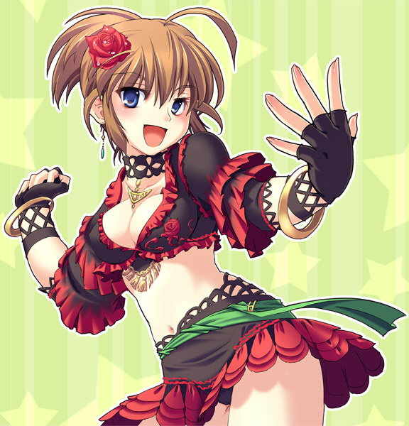 final fantasy, final fantasy xi, 00s, 1girl, ahoge, breasts, brown hair, dancer, female focus, fingerless gloves, flower, frills, gathers, gloves, gypsy, hair flower, hair ornament, hume, lace, rose, solo