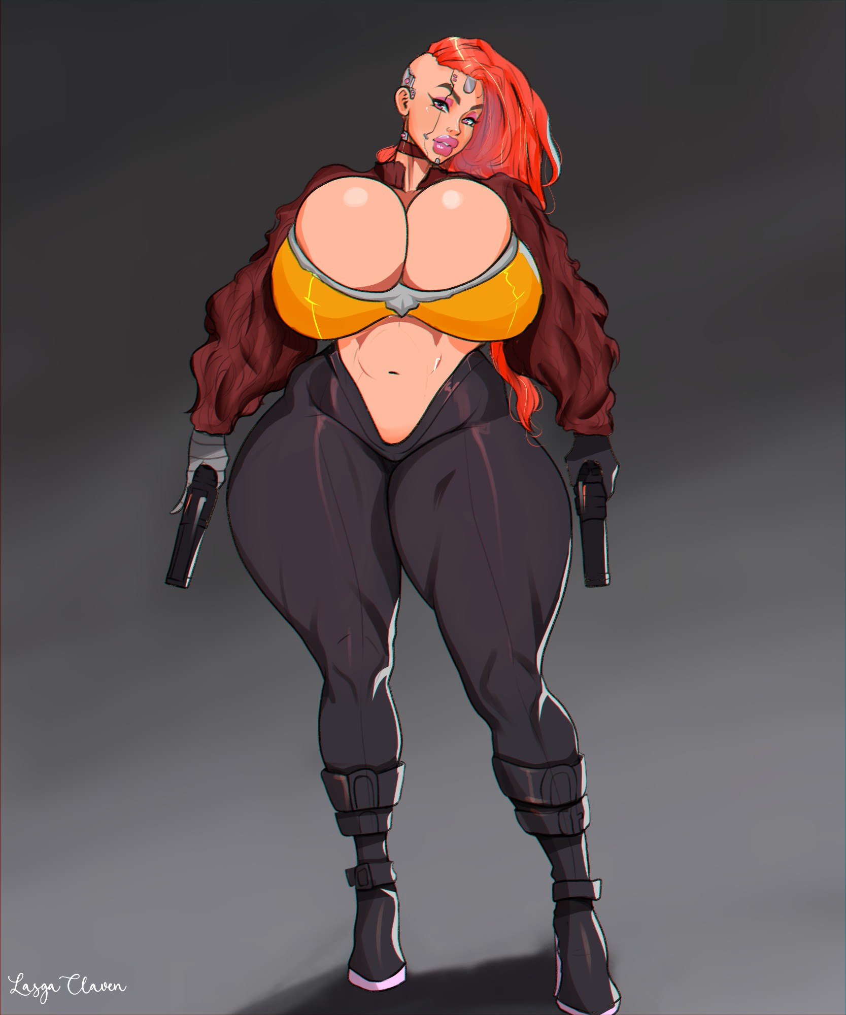 lasga claven, original, highres, second-party source, 1girl, asymmetrical hair, bimbofication, black boots, black pants, boots, breasts, brown jacket, cleavage, cyberpunk, dual wielding, eyeshadow, full body, grey background, gun, holding, holding gun, holding weapon, huge breasts, jacket, long hair, looking at viewer, makeup, open clothes, open jacket, pants, pink eyes, pink eyeshadow, pink lips, red hair, sidecut, signature, solo, tera andromeda, undercut, weapon