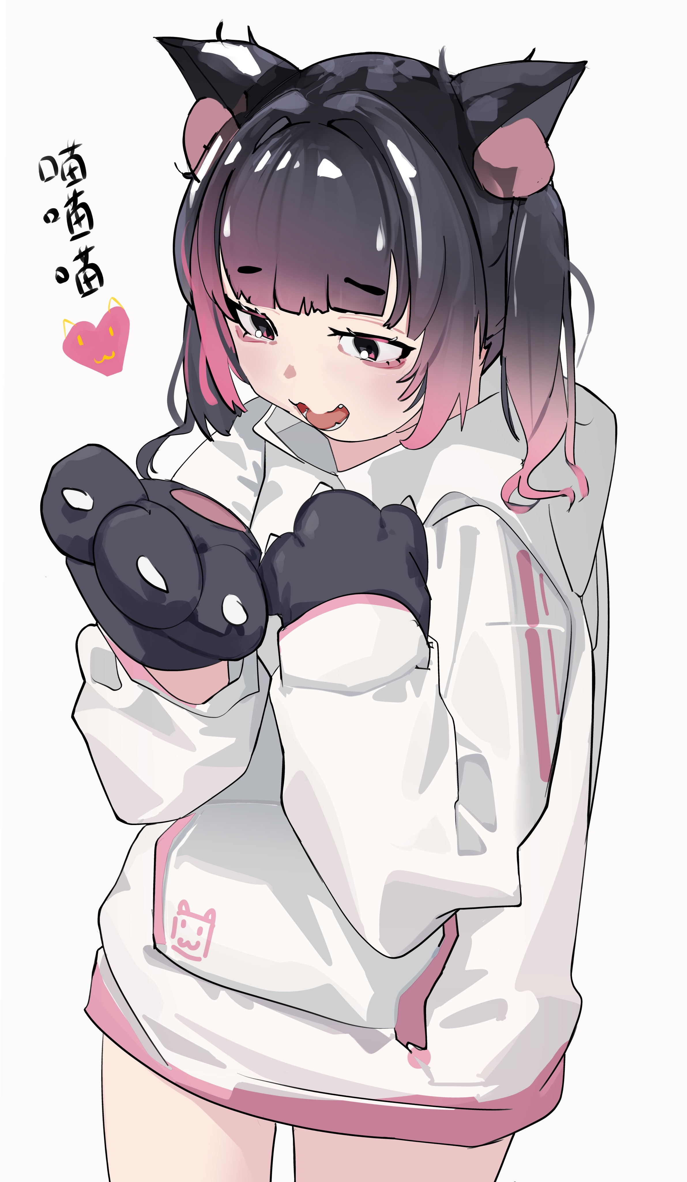 innosick, original, absurdres, highres, 1girl, animal ears, cat girl, colored inner hair, hood, hooded jacket, hoodie, jacket, legs, long hair, multicolored hair, open mouth, simple background, smile, solo, twintails, white background