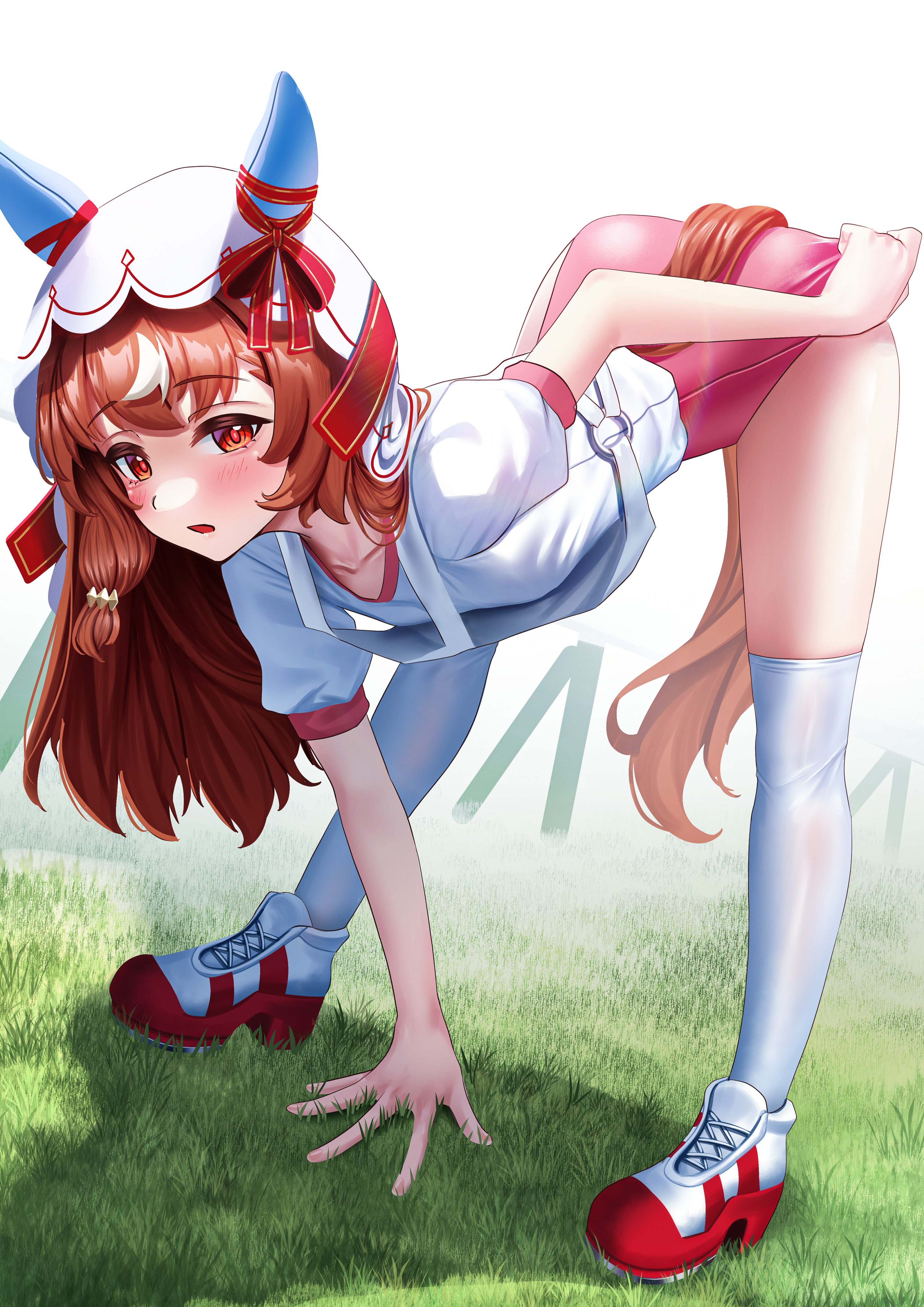 manjo (warito), still in love (umamusume), umamusume, absurdres, highres, 1girl, alternate costume, animal ears, blush, brown hair, brown tail, buruma, ear covers, horse ears, horse girl, horse tail, kneehighs, leaning forward, long hair, looking at viewer, open mouth, pink buruma, red eyes, red ribbon, red shoes, ribbon, shirt, shoes, short sleeves, socks, solo, standing, tail, thighs, veil, white shirt, white socks, white veil