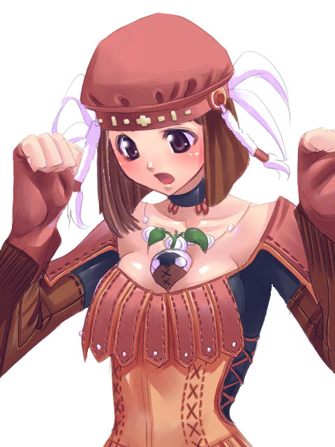tori, tori (torinchi), beastmaster (final fantasy), mandragora (final fantasy), final fantasy, final fantasy xi, 00s, 1girl, between breasts, blush, breasts, brown hair, choker, creature, cross, cross-laced clothes, female focus, fingerless gloves, gloves, hair ornament, hands up, hat, hume, jewelry, large breasts, leaf, long sleeves, looking down, necklace, open mouth, red gloves, red hat, short hair, simple background, sketch, solo, stitches, surprised, tassel, upper body, white background