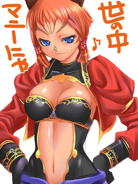 tori, tori (torinchi), mithra (ff11), naja salaheem, final fantasy, final fantasy xi, translated, 00s, 1girl, :3, female focus, hands on own hips, musical note, quaver, solo