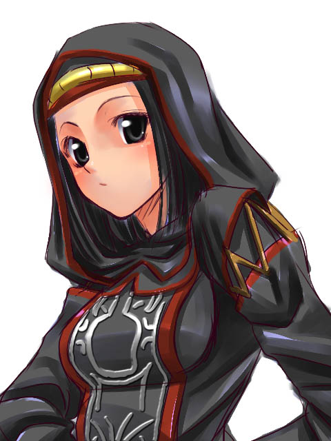 tori, tori (torinchi), black mage (final fantasy), final fantasy, final fantasy xi, 00s, 1girl, blush, brown eyes, cloak, female focus, hood, hooded cloak, hume, long sleeves, looking at viewer, simple background, solo, upper body, white background
