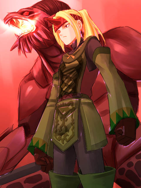 tori, tori (torinchi), ifrit, ifrit (final fantasy), summoner (final fantasy), final fantasy, final fantasy xi, beam, 00s, 1boy, black gloves, blonde hair, clenched hands, cloak, cowboy shot, expressionless, fire, gloves, headband, hume, long sleeves, monster, short hair, size difference, standing, summoner