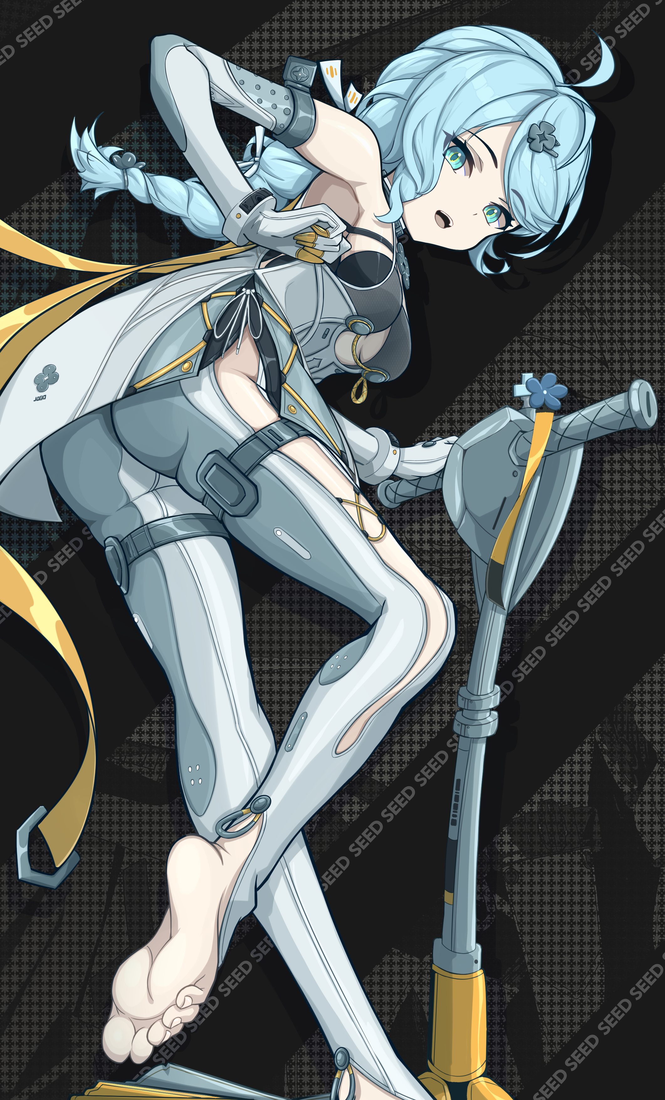 seed (zenless zone zero), zenless zone zero, artist request, 1girl, ahoge, ass, bare shoulders, barefoot, blue hair, bodysuit, braid, breasts, detached sleeves, elbow gloves, from behind, from below, gloves, green eyes, leaning, leaning forward, long hair, looking at viewer, medium breasts, motor vehicle, open mouth, scooter, smile, solo, toeless bodysuit