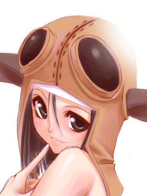 tori, tori (torinchi), goblin (final fantasy), final fantasy, final fantasy xi, 00s, 1girl, bare shoulders, black eyes, black hair, female focus, female goblin, finger to mouth, goblin, goggles, hair between eyes, hat, hume, light smile, looking at viewer, pointy ears, portrait, simple background, solo, white background