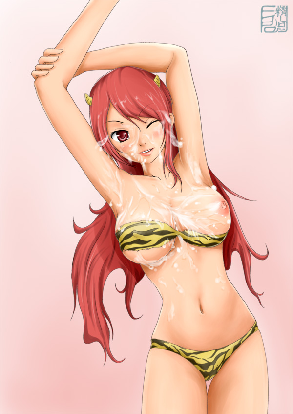 so-seiji, kirijou mitsuru, atlus, persona, persona 3, bikini, cum, horns, long hair, swimsuit