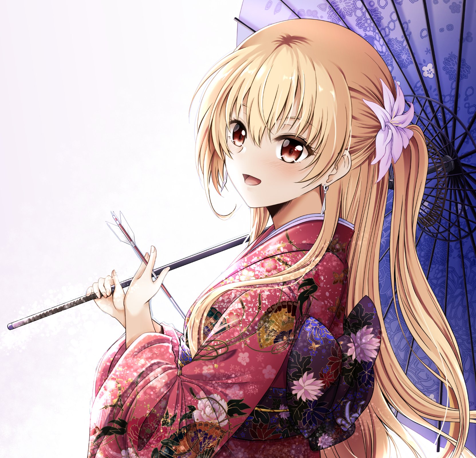 kagura yuuto, alisa reinford, eiyuu densetsu, sen no kiseki, sen no kiseki (series), sen no kiseki iii, sen no kiseki iv, highres, 1girl, arrow (projectile), blonde hair, floral print, floral print kimono, hair ornament, japanese clothes, kimono, long hair, looking at viewer, obi, oil-paper umbrella, one side up, open mouth, print kimono, red eyes, sash, simple background, smile, solo, umbrella, white background