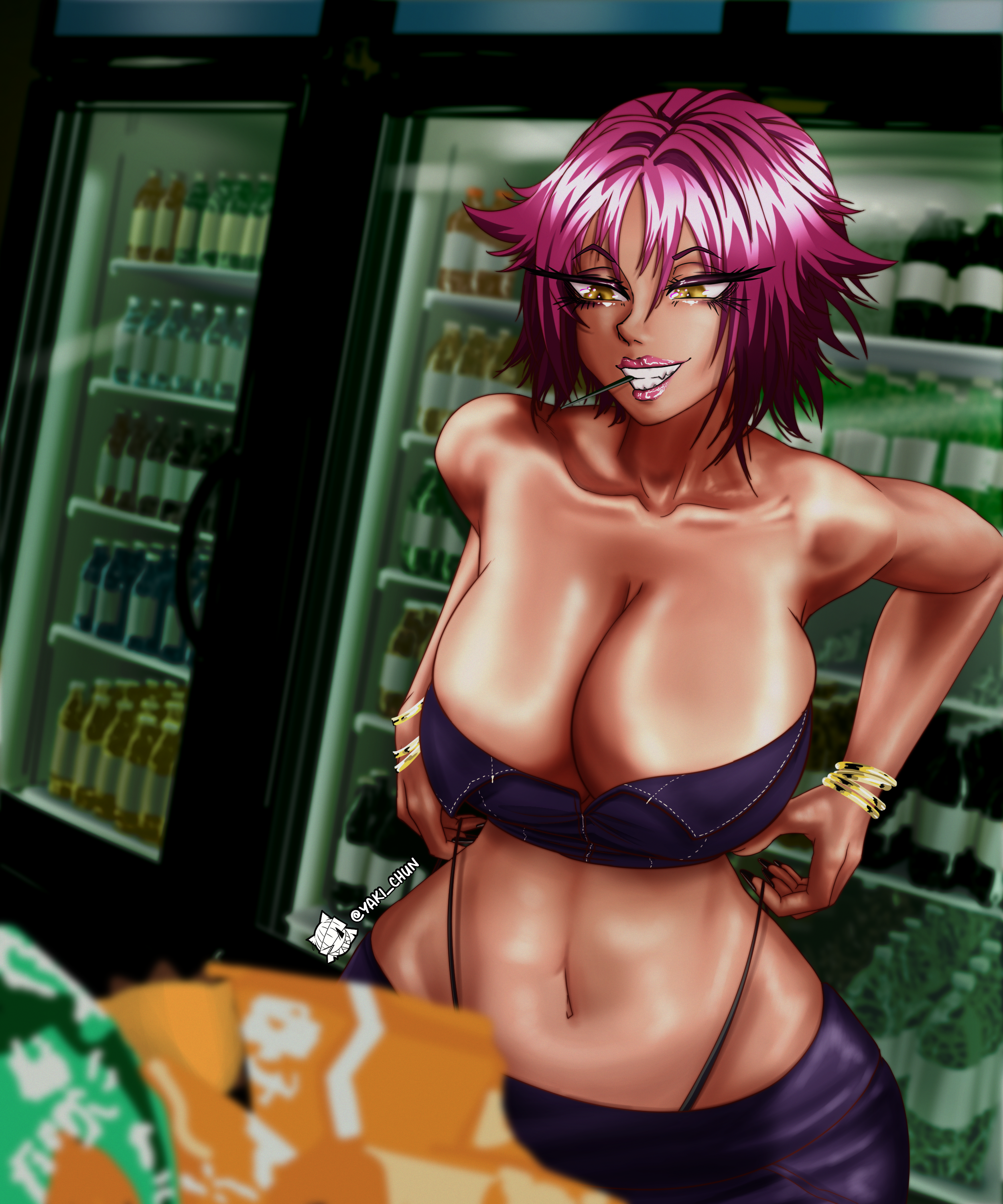 yaki chun, shihouin yoruichi, bleach, 1girl, breasts, dark-skinned female, dark skin, large breasts, solo