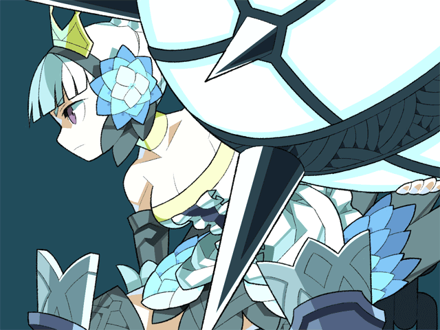 itsumo nokoru, gwendolyn (odin sphere), odin sphere, vanillaware, archived source, 1girl, anime coloring, aqua flower, armor, armored skirt, ball, bare shoulders, bird girl, black hairband, black sleeves, blue background, blue feathers, blue flower, blue wings, blunt bangs, breasts, bun with braided base, center frills, cleavage, collarbone, cool colored, cuisses, detached sleeves, dress, feather hair ornament, feathered wings, feathers, flower, frills, from side, gold choker, gold tiara, grey skirt, hair bun, hair flower, hair ornament, hairband, half updo, holding, holding ball, holding weapon, huge weapon, leg armor, looking at viewer, medium breasts, multicolored hair, multicolored wings, poleyn, profile, purple eyes, short hair, silver armor, simple background, skirt, solo, spiked ball, spikes, strapless, strapless dress, tiara, two-tone hair, valkyrie, weapon, white dress, white hair, wings