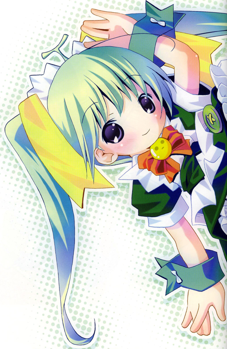 pop, melon-chan, melonbooks, highres, 1girl, blush, dress, female focus, green hair, maid, purple eyes, solo, twintails