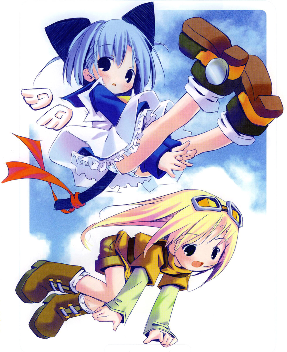 pop, brown footwear, eyebrows, white legwear, highres, 2girls, :d, animal ears, between legs, black eyes, blue eyes, blue hair, blue shirt, blue sky, blush, boots, cat ears, cat tail, cloud, d:, detached wings, dress, flying, frills, full body, goggles, goggles on head, hand between legs, layered sleeves, long hair, long sleeves, multiple girls, open mouth, panties, pantyshot, red ribbon, ribbon, shirt, shoes, short hair, short over long sleeves, short sleeves, shorts, sky, smile, socks, tail, tail ornament, tail ribbon, turtleneck, underwear, upskirt, very long hair, white panties, white wings, wings