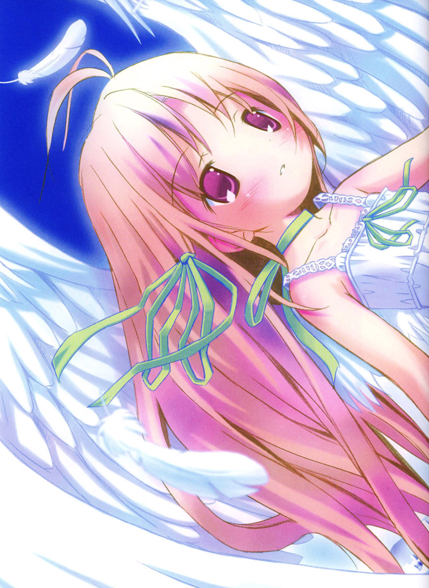 pop, highres, 1girl, antenna hair, dress, feathers, female focus, pink hair, purple eyes, solo, wings