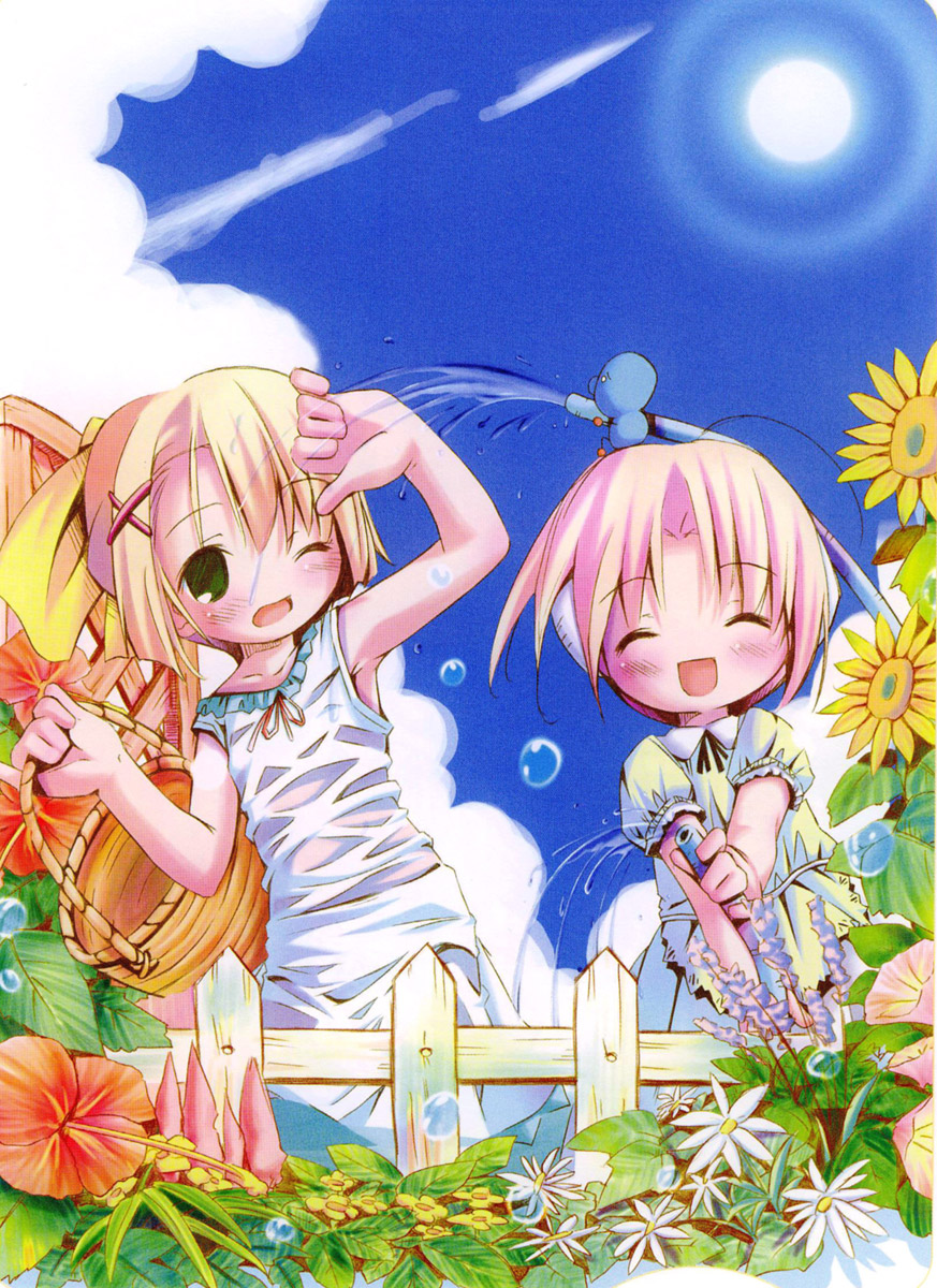 pop, highres, 2girls, ^ ^, bare arms, basket, blonde hair, blush, closed eyes, cloud, day, dress, flower, green eyes, hair ornament, hair ribbon, hairclip, hibiscus, hose, multiple girls, one eye closed, open mouth, outdoors, puffy short sleeves, puffy sleeves, ribbon, short sleeves, sky, sleeveless, sleeveless dress, sun, sunflower, water, wet, wet clothes, wet dress, white dress, yellow ribbon