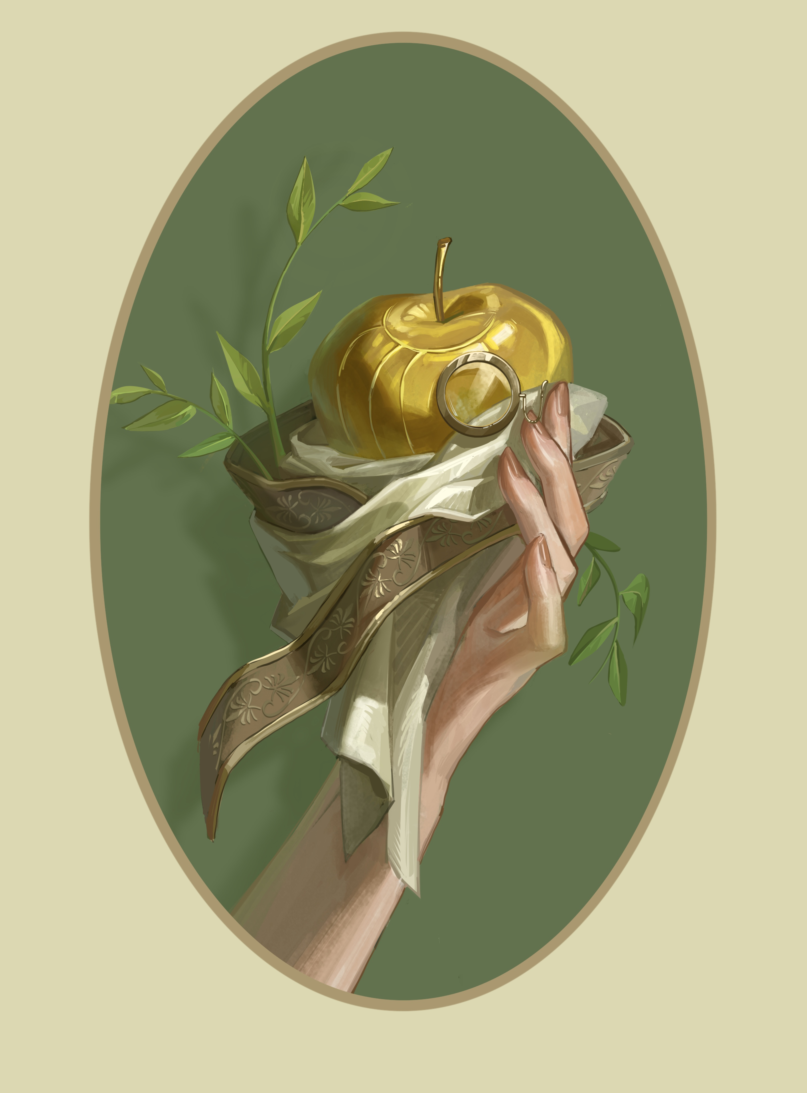 apple (reverse:1999), reverse:1999, absurdres, highres, procreate (medium), 1other, apple, apple (the fruit of wisdom) (reverse:1999), chise zhanche, food, fruit, golden apple, green background, hand focus, holding, leaf, monochrome, object focus, oval image