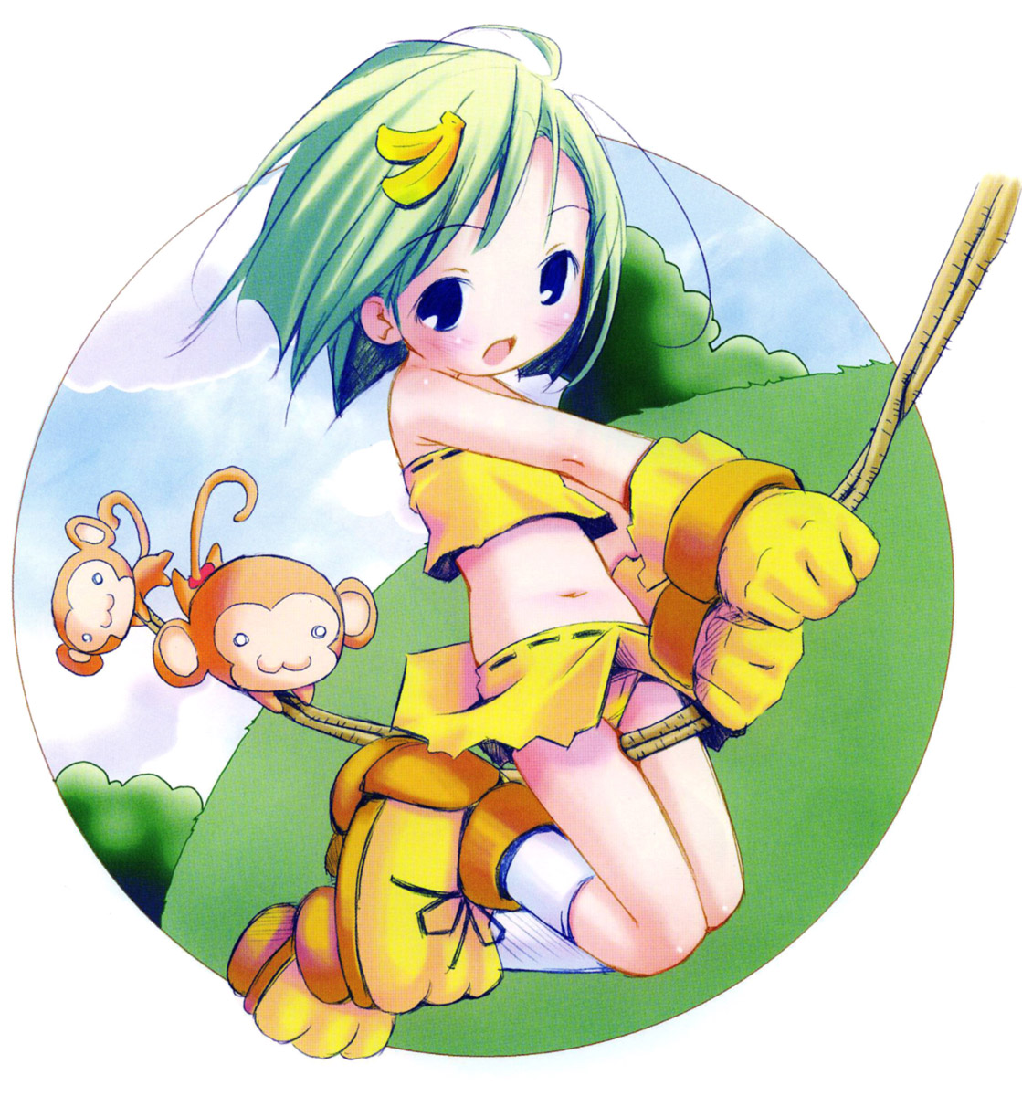 pop, cham cham, paku paku, samurai spirits, highres, 1girl, :3, art of pop, banana, blush, child, female focus, flat chest, food, food-themed hair ornament, fruit, green hair, hair ornament, midriff, monkey, navel, paw shoes, shoes, solo