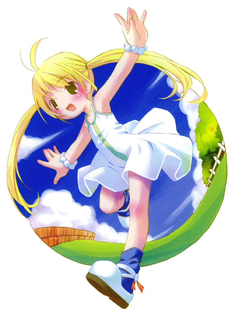pop, blue legwear, highres, 1girl, :d, blonde hair, blush, body blush, dress, female focus, long hair, open mouth, outstretched arms, shoes, smile, solo, spread arms, twintails, white dress, white shoes