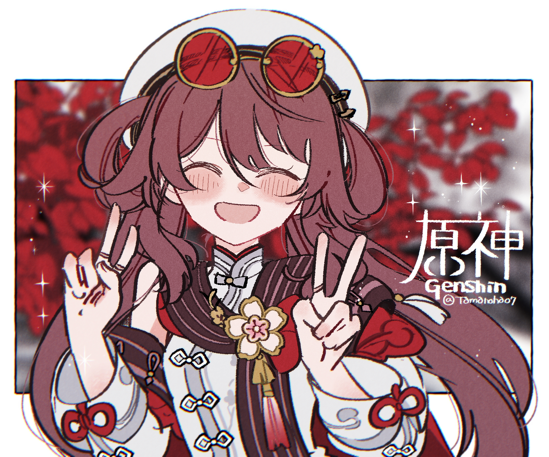 tamanoha (cookware), hu tao (cherries snow-laden) (genshin impact), hu tao (genshin impact), genshin impact, commentary request, highres, 1girl, blurry, blurry background, blush, border, brown hair, closed eyes, copyright name, detached sleeves, double v, eyewear on head, flower, hair rings, hat, official alternate costume, open mouth, red-tinted eyewear, red flower, round eyewear, shirt, smile, solo, tinted eyewear, upper body, v, white hat, white shirt, white sleeves