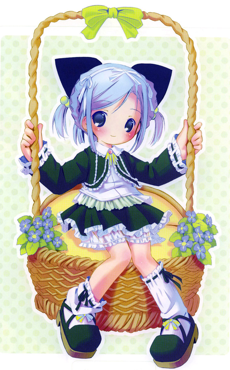 pop, highres, 1girl, basket, blue eyes, blue hair, blush, closed mouth, dress, female focus, flower, smile, solo