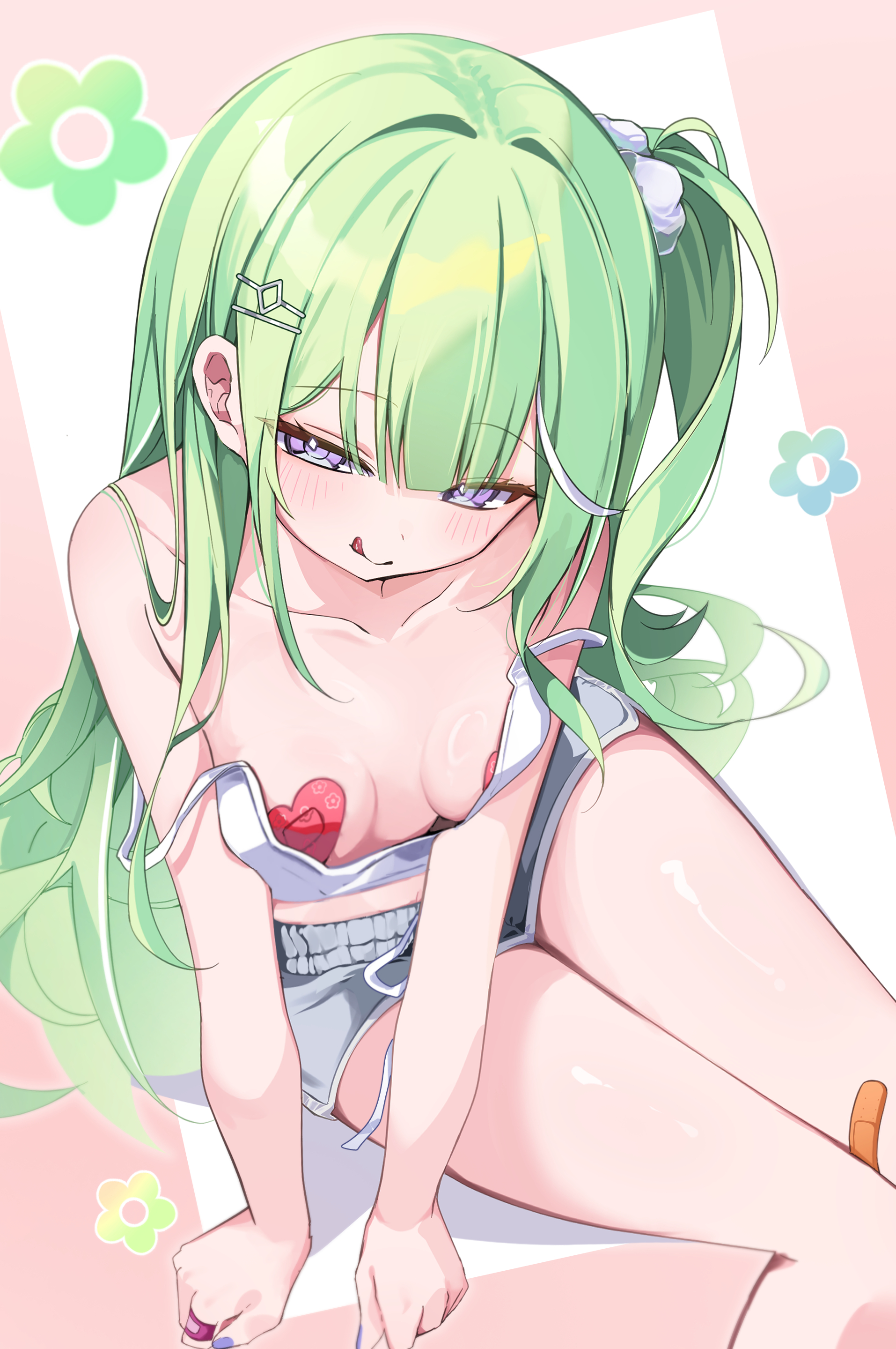 chaum, yuzuha riko, stellive, absurdres, highres, 1girl, bandaid on thigh, bare arms, bare legs, bare shoulders, breasts, breasts apart, collarbone, green hair, hair ornament, long hair, navel, pasties, purple eyes, small breasts, solo, strap slip, tongue, tongue out, very long hair