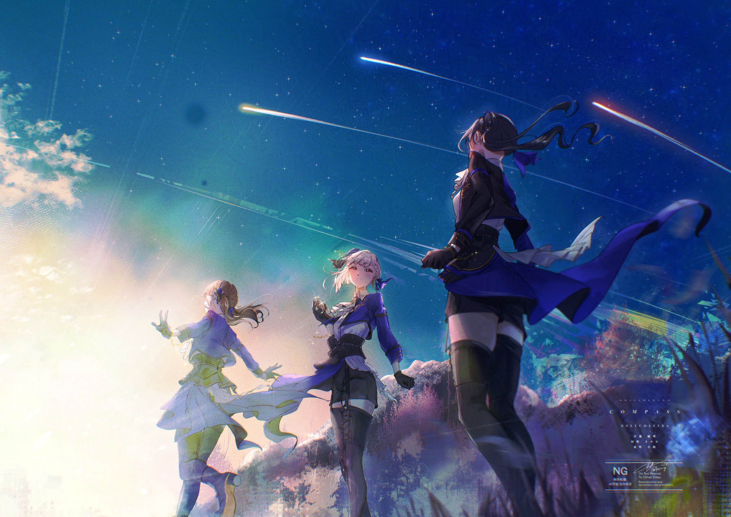 kuzia (atarayo), kachimachi kosuzu, murano sayaka, yugiri tsuzuri, link! like! love live!, love live!, commentary, highres, 3girls, black boots, black hair, black jacket, black shorts, blue jacket, blue sky, boots, braid, brown hair, character name, collared shirt, color-coded, compass (love live!), dollchestra, dress shirt, facing away, feet out of frame, grey hair, group name, high heel boots, high heels, jacket, long hair, long sleeves, multicolored hair, multicolored jacket, multiple girls, official alternate costume, open clothes, open jacket, red hair, shirt, shooting star, short hair, short shorts, shorts, side braid, signature, sky, song name, split-color clothes, streaked hair, sunrise, thigh boots, twitter username, two-tone jacket, virtual youtuber, watermark, white shirt