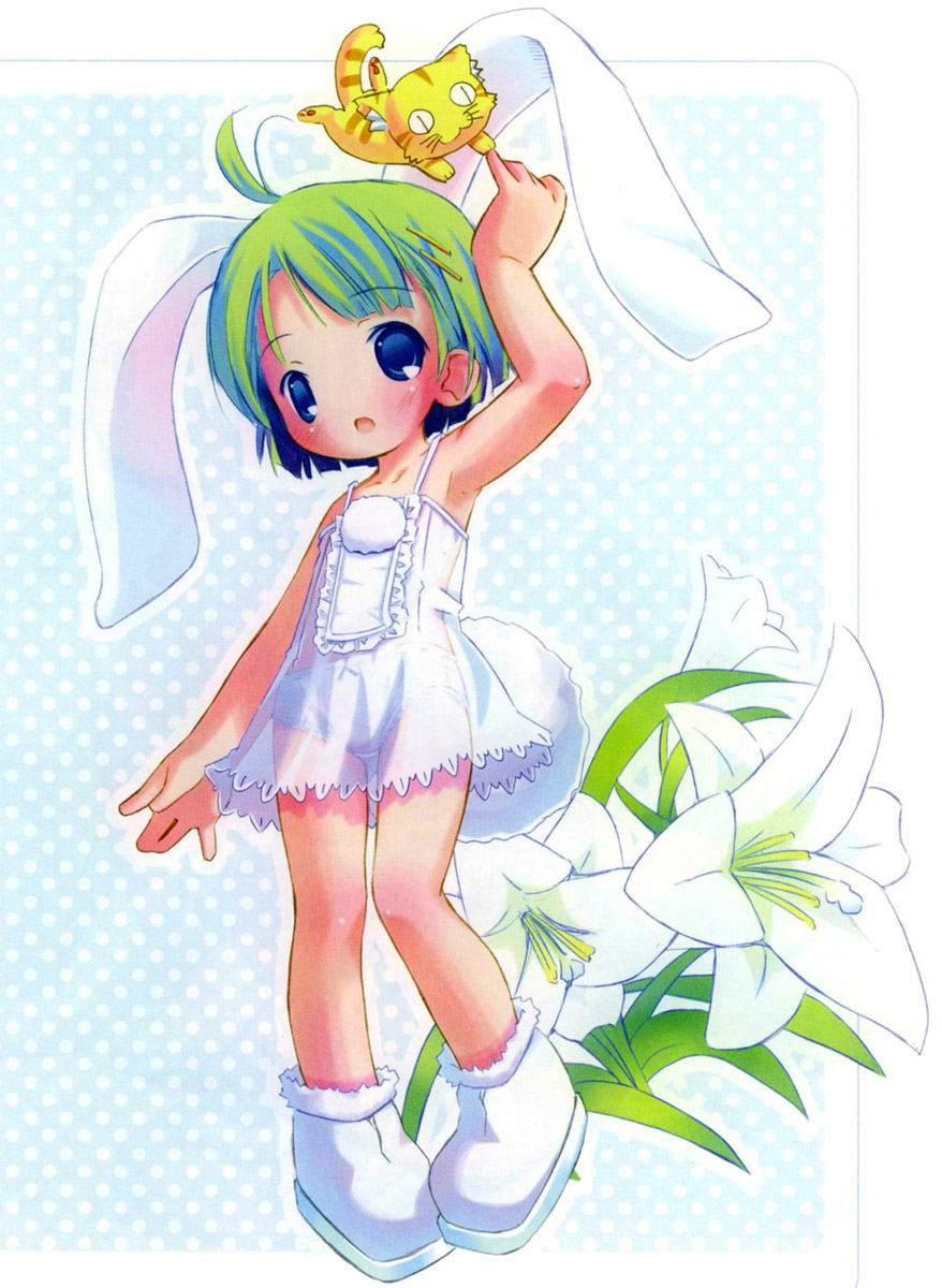 pop, highres, 1girl, :3, :o, animal ears, blue eyes, cat, female focus, flat chest, flower, green hair, loli, open mouth, panties, rabbit ears, see-through clothes, short hair, solo, underwear, white panties