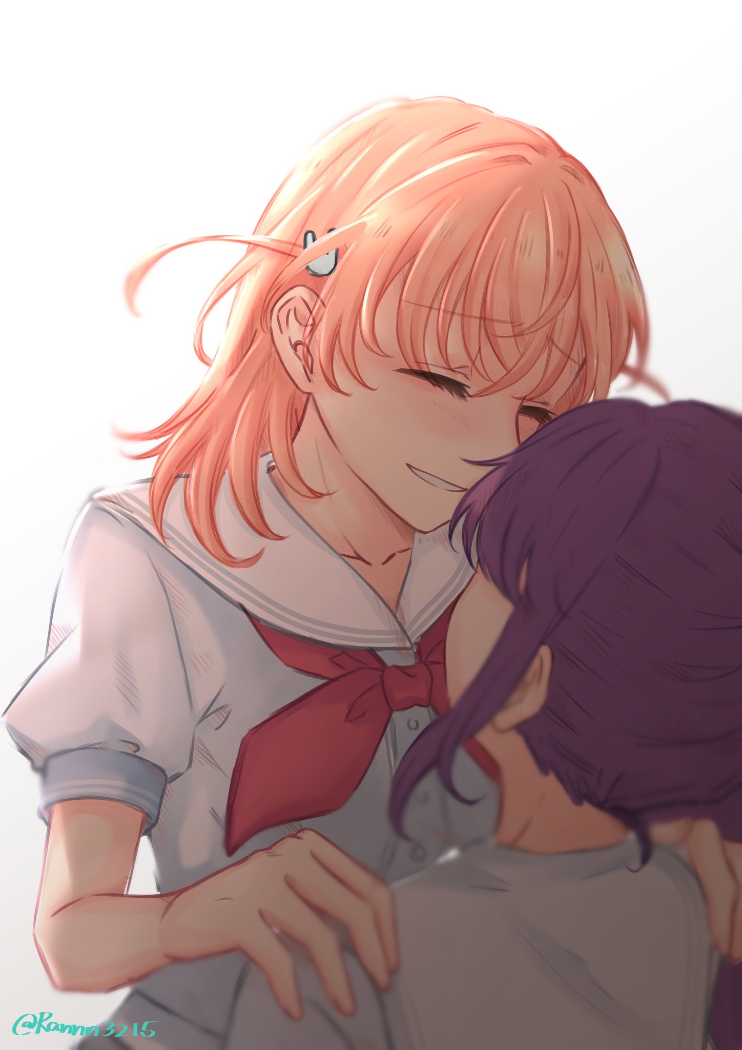 ranmaro, hinoshita kaho, otomune kozue, link! like! love live!, love live!, commentary request, highres, 2girls, closed eyes, dress, grin, hair ornament, hasu no sora school uniform, lone nape hair, long hair, medium hair, multiple girls, neckerchief, orange hair, puffy short sleeves, puffy sleeves, purple hair, rabbit hair ornament, raised inner eyebrows, red neckerchief, sailor collar, sailor dress, school uniform, short sleeves, side ponytail, sidelocks, simple background, sitting, sitting on lap, sitting on person, smile, summer uniform, twitter username, two side up, virtual youtuber, white background, white dress, white sailor collar, yuri