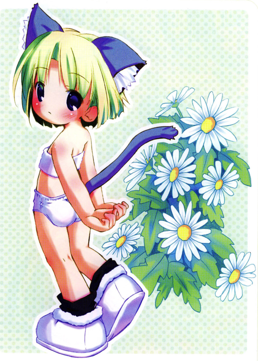 pop, highres, 1girl, animal ear fluff, animal ears, blue eyes, blush, cat ears, cat girl, cat tail, closed mouth, female focus, flower, green hair, loli, panties, short hair, solo, tail, underwear