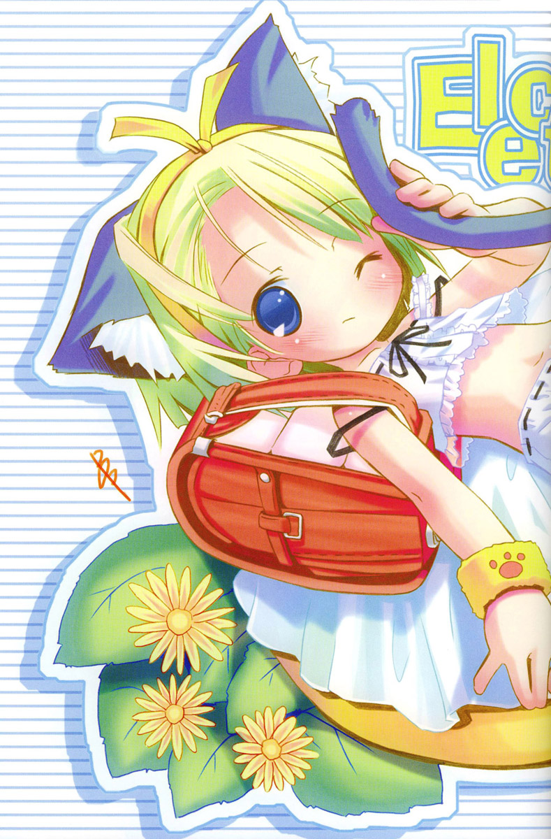 pop, highres, 1girl, animal ear fluff, animal ears, backpack, bag, blonde hair, blue eyes, blush, cat ears, cat girl, cat tail, female focus, flat chest, green hair, midriff, navel, one eye closed, randoseru, red bag, smile, solo, tail, wink