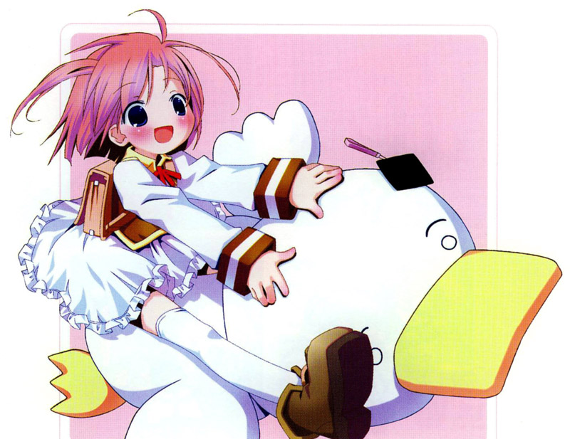 pop, ah-kun, nijihara ink, moetan, 00s, 1girl, :d, backpack, bag, blue eyes, border, female focus, frilled skirt, frills, full body, long sleeves, messy hair, open mouth, outside border, pink background, pink hair, riding, short hair, simple background, skirt, smile, solo, thighhighs, white skirt, zettai ryouiki