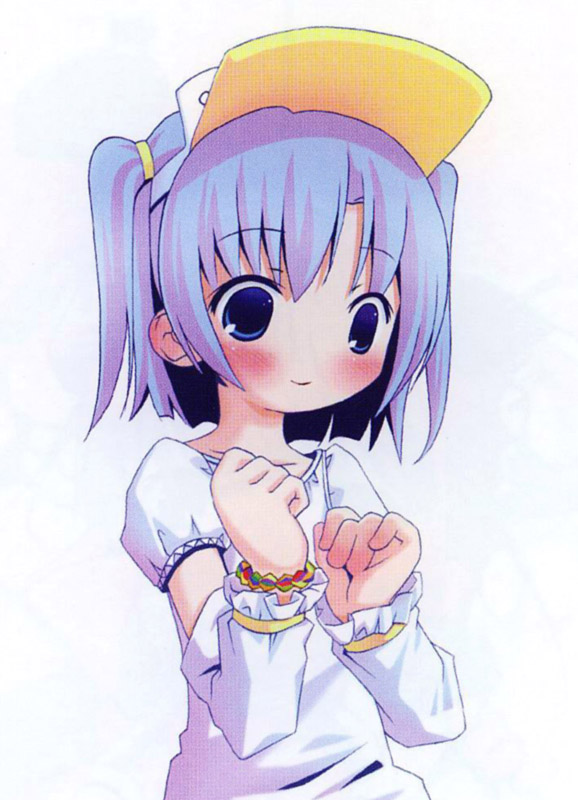 pop, pastel ink, moetan, eyebrows, 00s, 1girl, blue eyes, blue hair, detached sleeves, female focus, frilled sleeves, frills, long sleeves, looking at viewer, magical girl, matching hair/eyes, puffy short sleeves, puffy sleeves, shirt, short sleeves, simple background, solo, upper body, visor cap, white background, white shirt