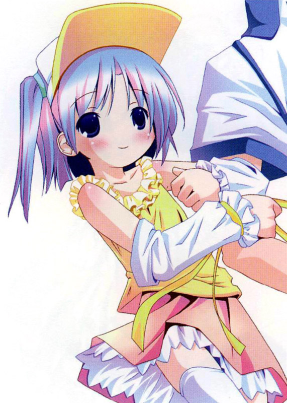 pop, nao-kun, pastel ink, moetan, 00s, 1boy, 1girl, asymmetrical clothes, blue eyes, blue hair, blush, magical girl, single thighhigh, smile, thighhighs